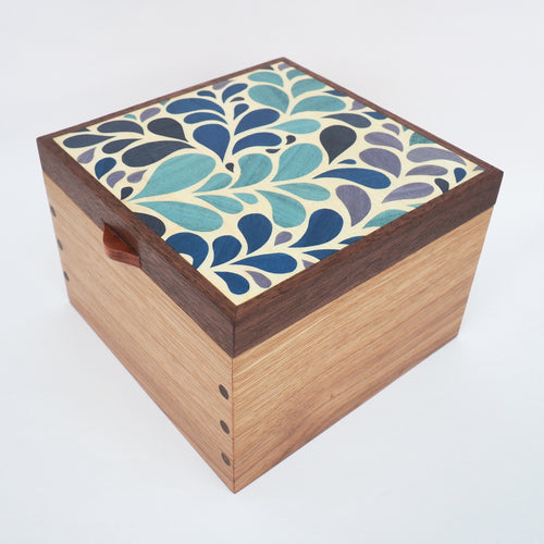 blue pattern marquetry small wooden jewellery box