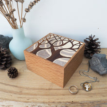 Load image into Gallery viewer, grey and pink marquetry trees wooden trinket box
