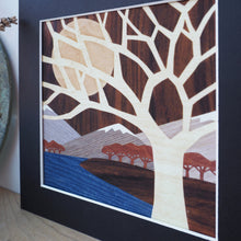 Load image into Gallery viewer, mountain lake and tree giclee print with black mount