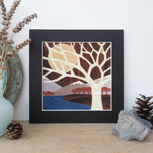 Load image into Gallery viewer, mountain lake and tree giclee print with black mount