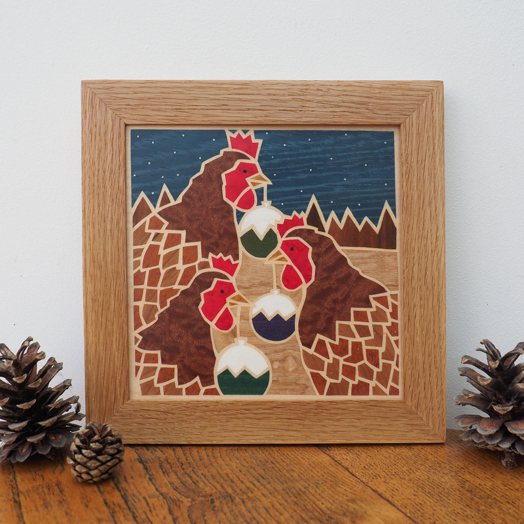 Three French Hens Marquetry Wall Hanging