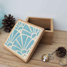 Load image into Gallery viewer, pale blue art deco pattern marquetry wooden trinket box
