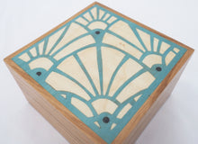 Load image into Gallery viewer, pale blue art deco pattern marquetry wooden trinket box