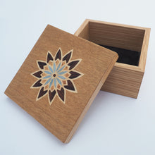 Load image into Gallery viewer, blue geometric flower marquetry wooden trinket box 
