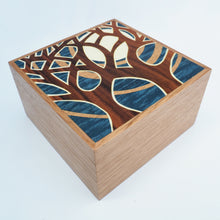Load image into Gallery viewer, blue tree and moon marquetry wooden trinket box