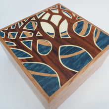 Load image into Gallery viewer, blue tree and moon marquetry wooden trinket box