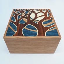 Load image into Gallery viewer, blue tree and moon marquetry wooden trinket box