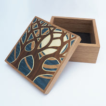 Load image into Gallery viewer, blue tree and moon marquetry wooden trinket box