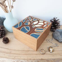 Load image into Gallery viewer, blue tree and moon marquetry wooden trinket box
