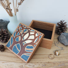 Load image into Gallery viewer, blue tree and moon marquetry wooden trinket box