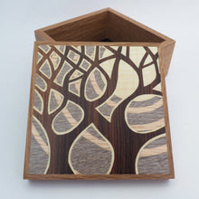 Load image into Gallery viewer, grey and pink marquetry trees wooden trinket box
