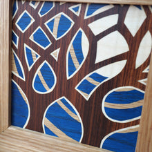 Load image into Gallery viewer, miniature blue tree and moon marquetry wall hanging
