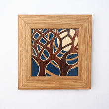 Load image into Gallery viewer, miniature blue tree and moon marquetry wall hanging