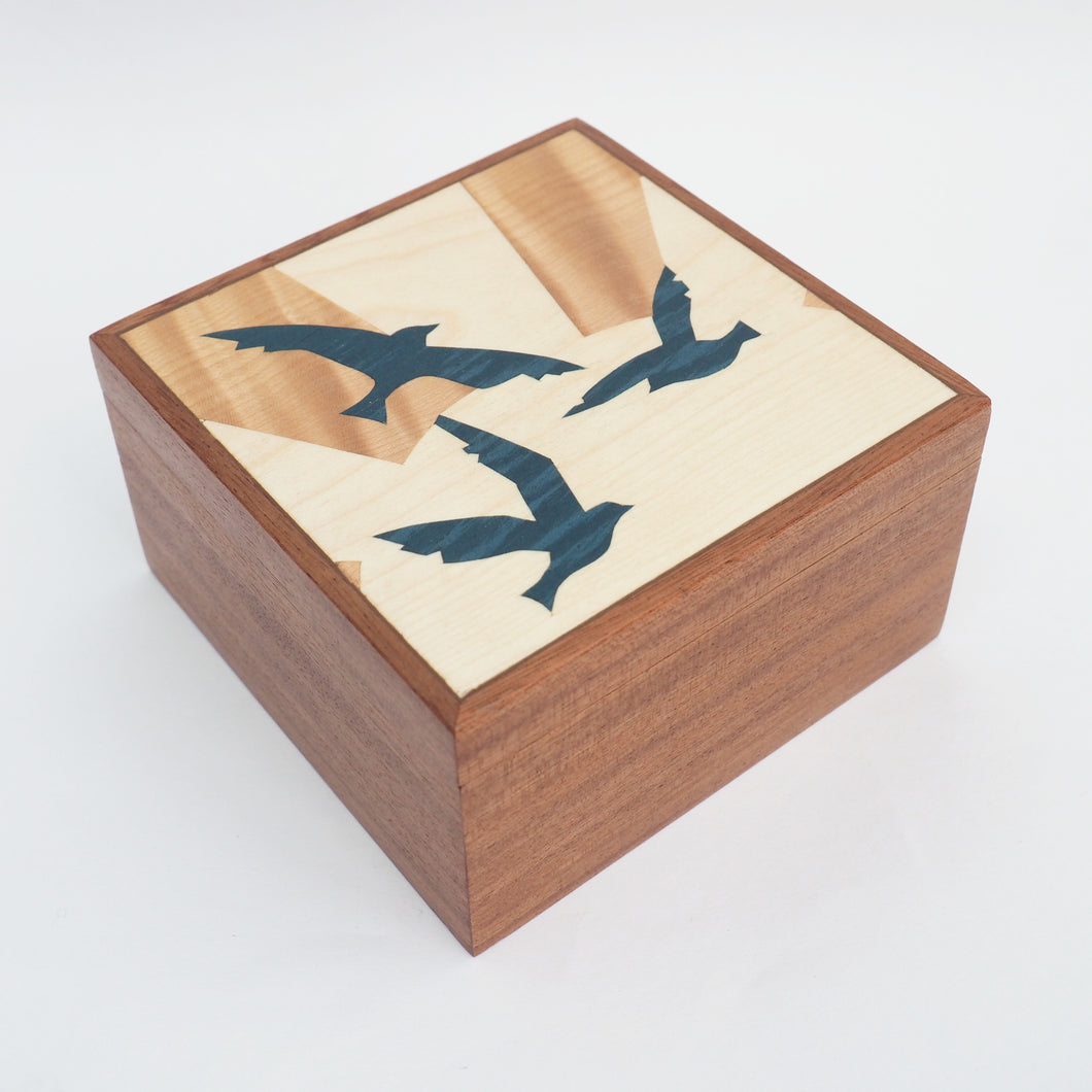 Sunrise Birds Marquetry Sapele Trinket Box