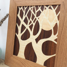 Load image into Gallery viewer, minimalist tree and moon silhouette marquetry wall hanging