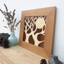 Load image into Gallery viewer, minimalist tree and moon silhouette marquetry wall hanging