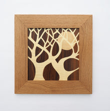 Load image into Gallery viewer, minimalist tree and moon silhouette marquetry wall hanging