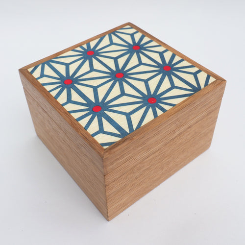 Blue and red asanoha marquetry wooden trinket box