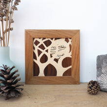 Load image into Gallery viewer, miniature tree and moon marquetry wall hanging
