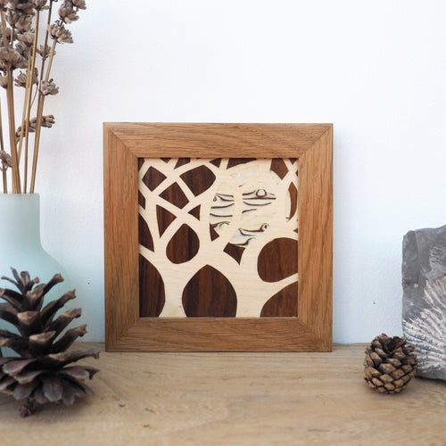 miniature tree and moon marquetry wall hanging
