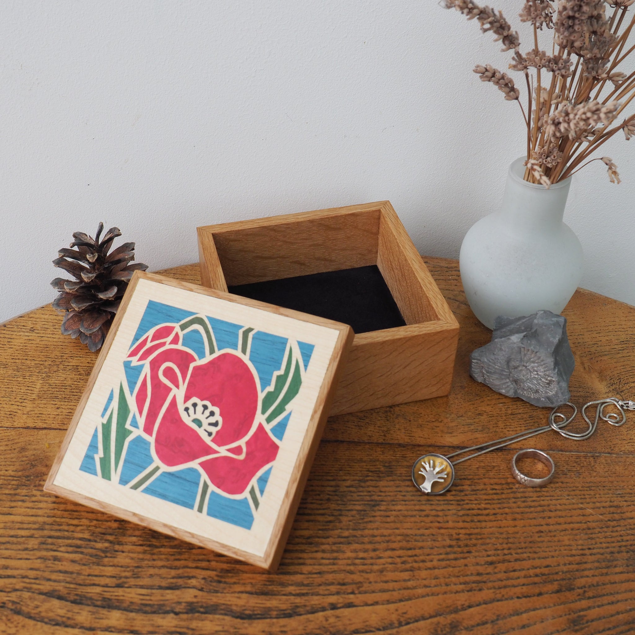 Discount Wooden Trinket Box, Wooden Poppy Marquetry box, Oak Watch Box, Poppy Jewellery Box, Daisy Trinket Box, Small gift box