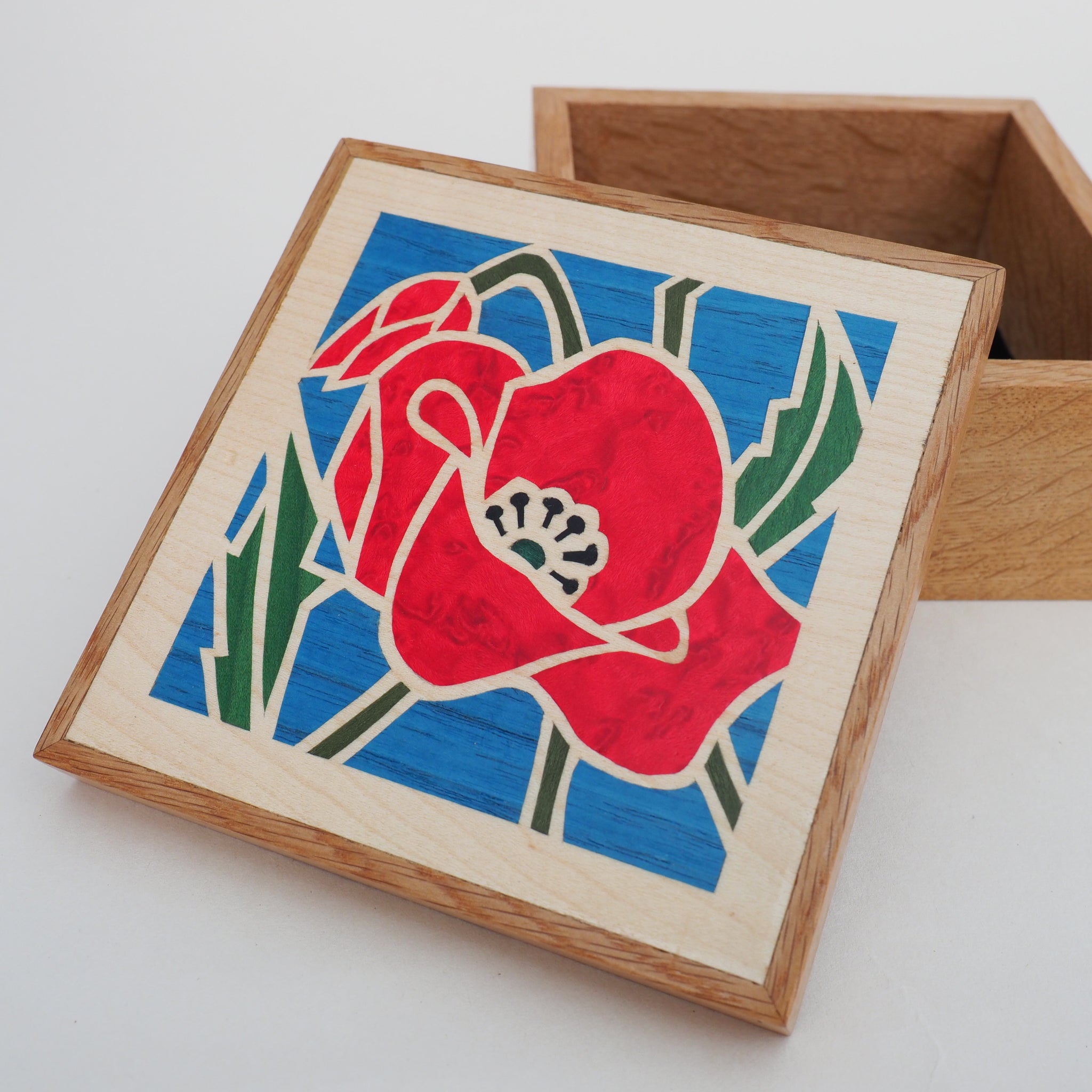 Wooden Trinket Box, Wooden Poppy Marquetry box, Oak Watch Box, Poppy Jewellery Box, popular Daisy Trinket Box, Small gift box