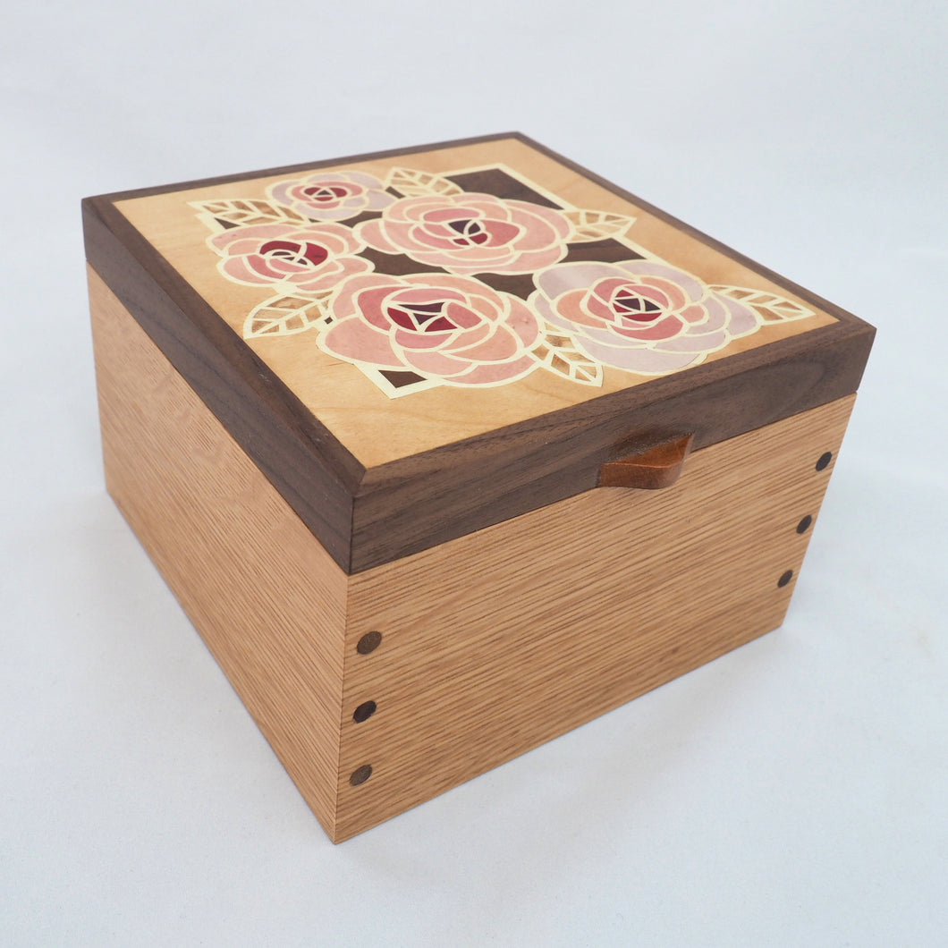 Roses marquetry small wooden jewellery box