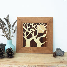 Load image into Gallery viewer, minimalist tree and moon silhouette marquetry wall hanging
