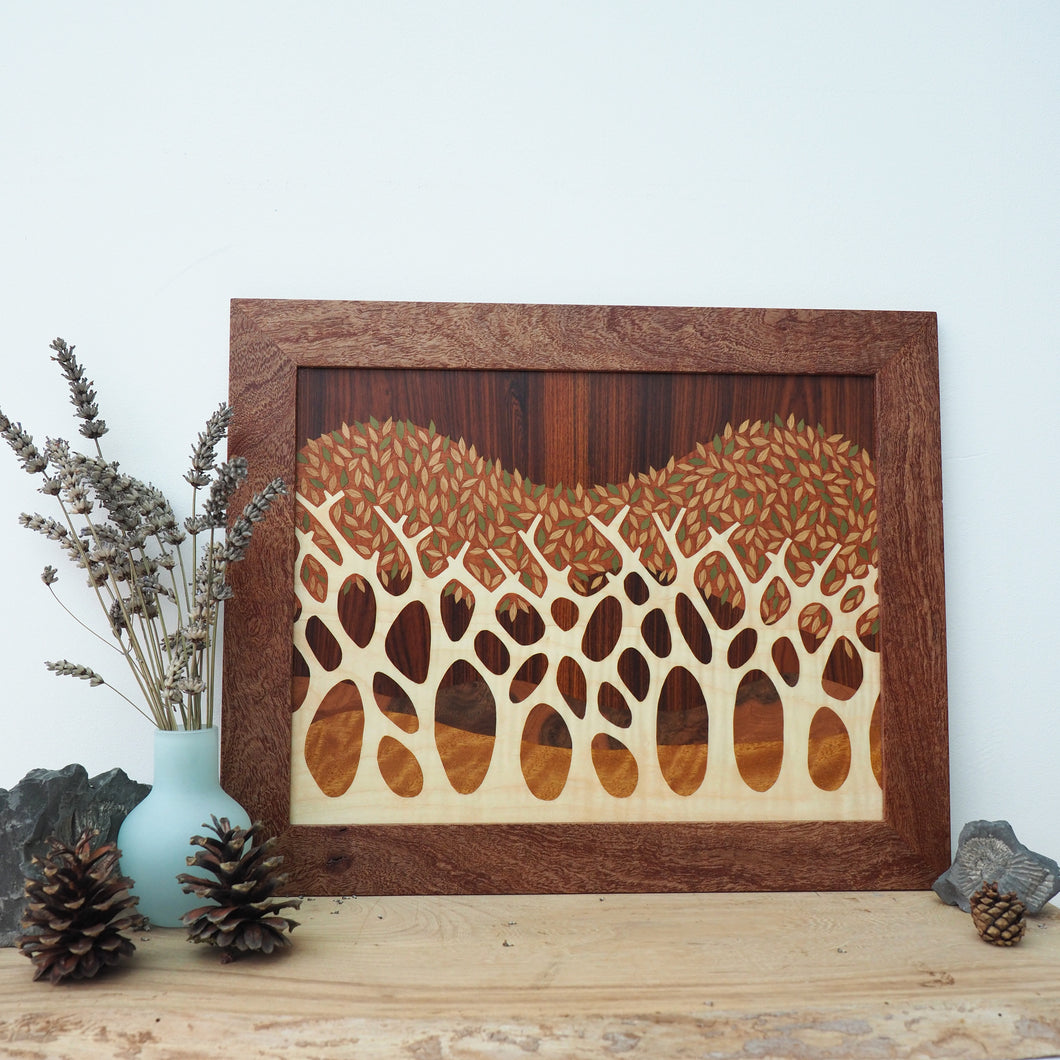 autumn trees marquetry wall hanging