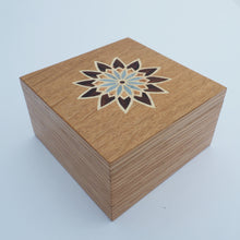 Load image into Gallery viewer, blue geometric flower marquetry wooden trinket box 
