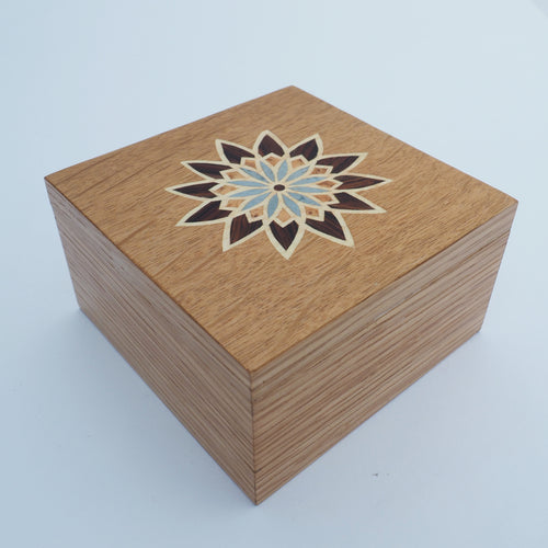 blue geometric flower marquetry wooden trinket box 