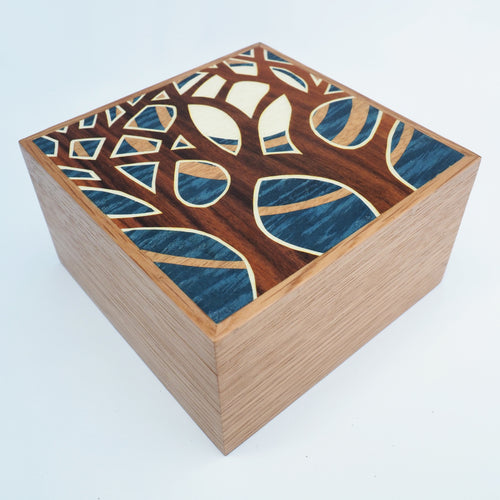 blue tree and moon marquetry wooden trinket box 