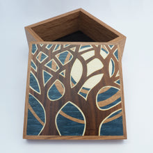 Load image into Gallery viewer, blue tree and moon marquetry wooden trinket box 
