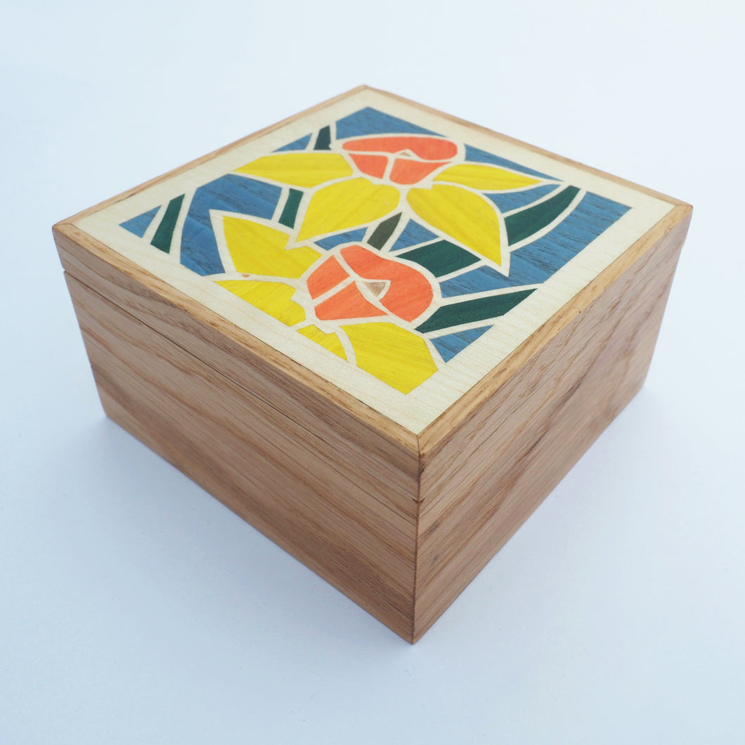 daffodil marquetry wooden trinket box