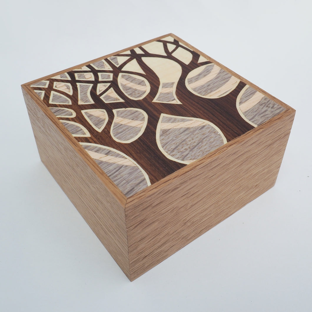 grey and pink marquetry trees wooden trinket box