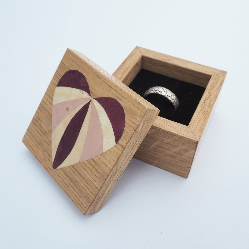 pink heart marquetry wooden ring box