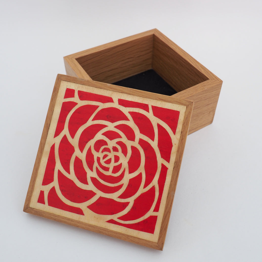 red rose marquetry wooden trinket box