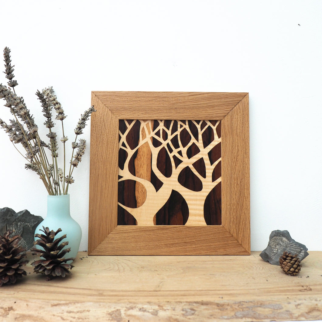 tree silhouette marquetry wall hanging