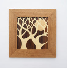 Load image into Gallery viewer, minimalist tree and moon silhouette marquetry wall hanging
